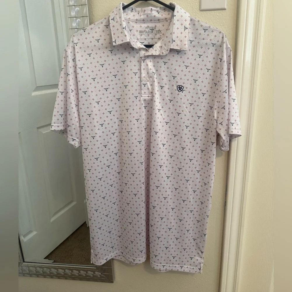 Ariat Men’s White Longhorn All Over Printed Performance Polo - Large - Picture 1 of 3